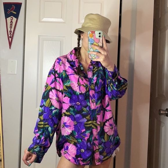 Vintage Colorful Silk Floral Button Down Long Sleeve Size Medium - Picture 8 of 8